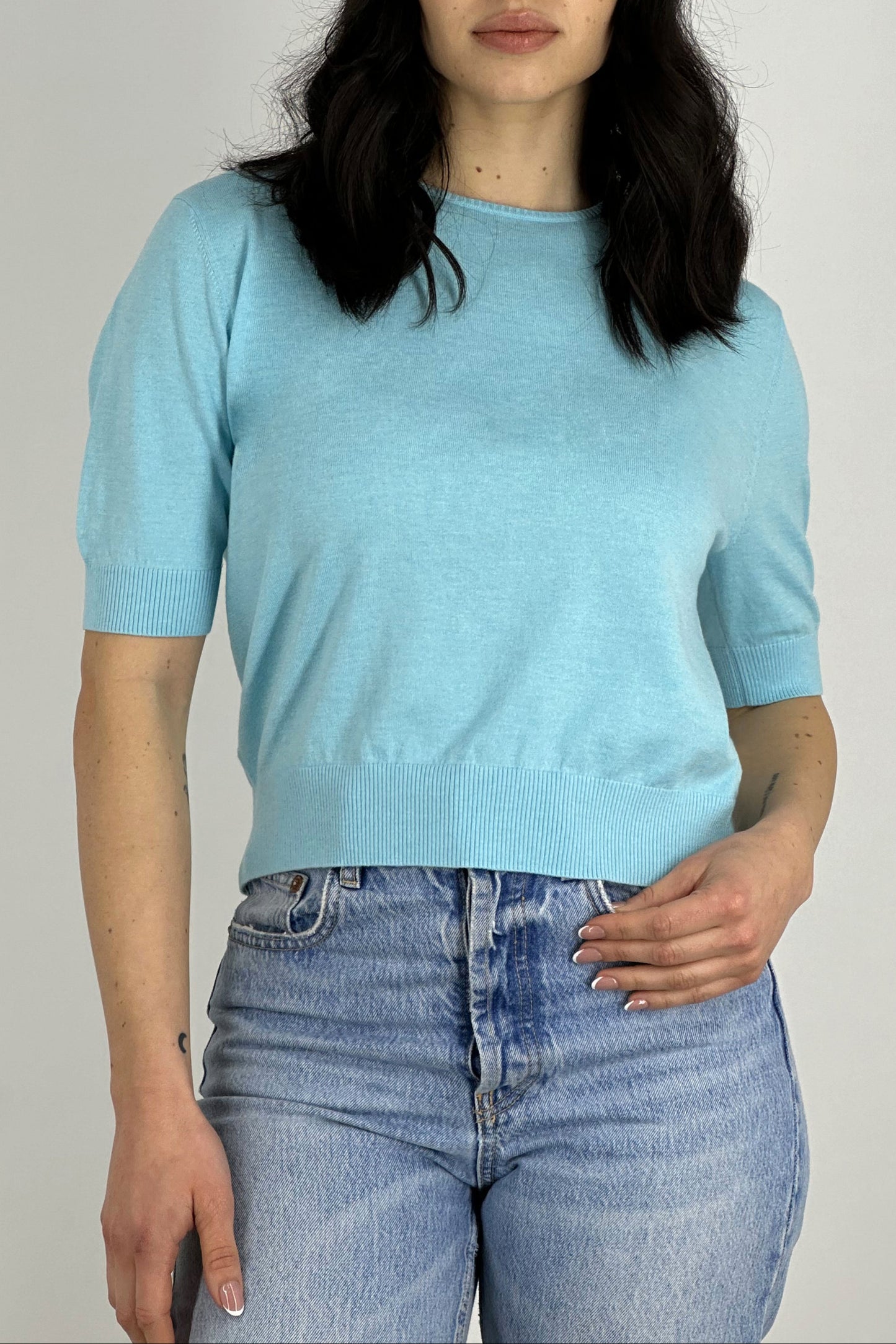 Cotton - Silk - Cashmere Crew Neck Half Sleeves