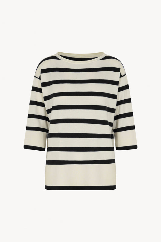Oversized boat neck sweater with striped slits. Cotton - Silk - Cashmere.