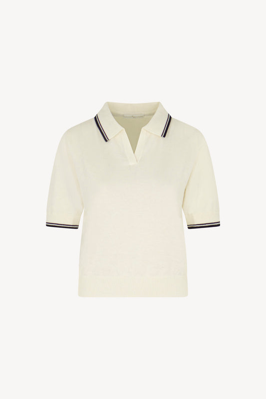 Solid color short-sleeved polo shirt in cotton, silk, and cashmere.