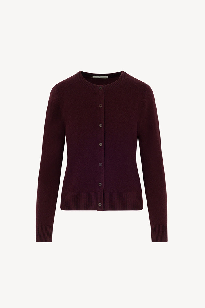 Cardigan Girocollo con gros-grain in Puro Cashmere Acero