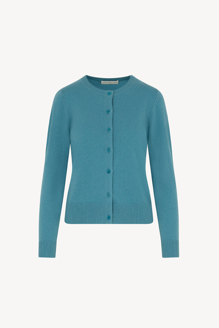 Cardigan Girocollo con gros-grain in Puro Cashmere Turchese