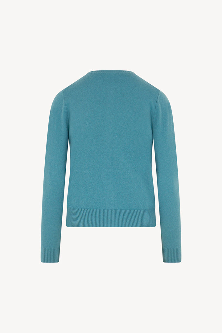 Cardigan Girocollo con gros-grain in Puro Cashmere Turchese