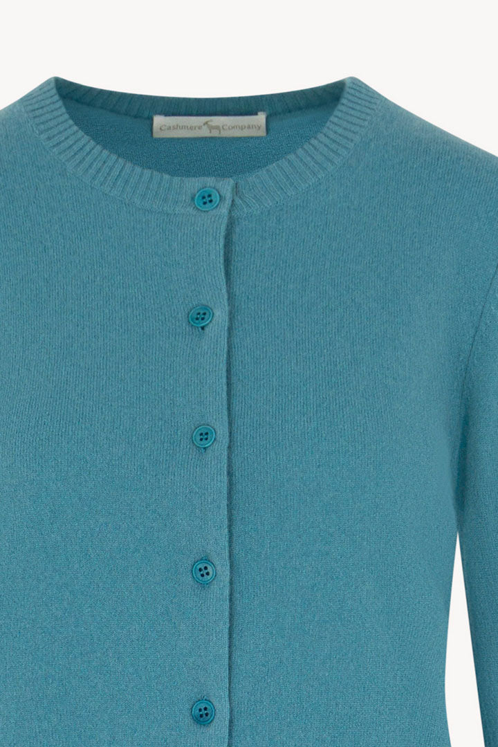 Cardigan Girocollo con gros-grain in Puro Cashmere Turchese