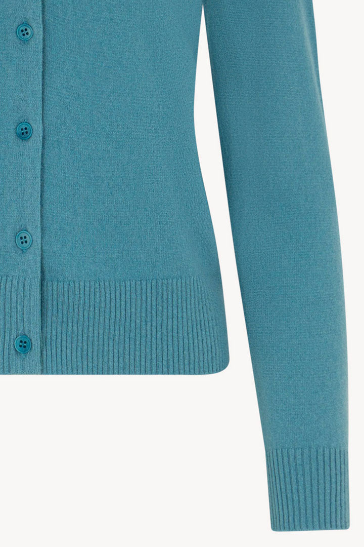 Cardigan Girocollo con gros-grain in Puro Cashmere Turchese