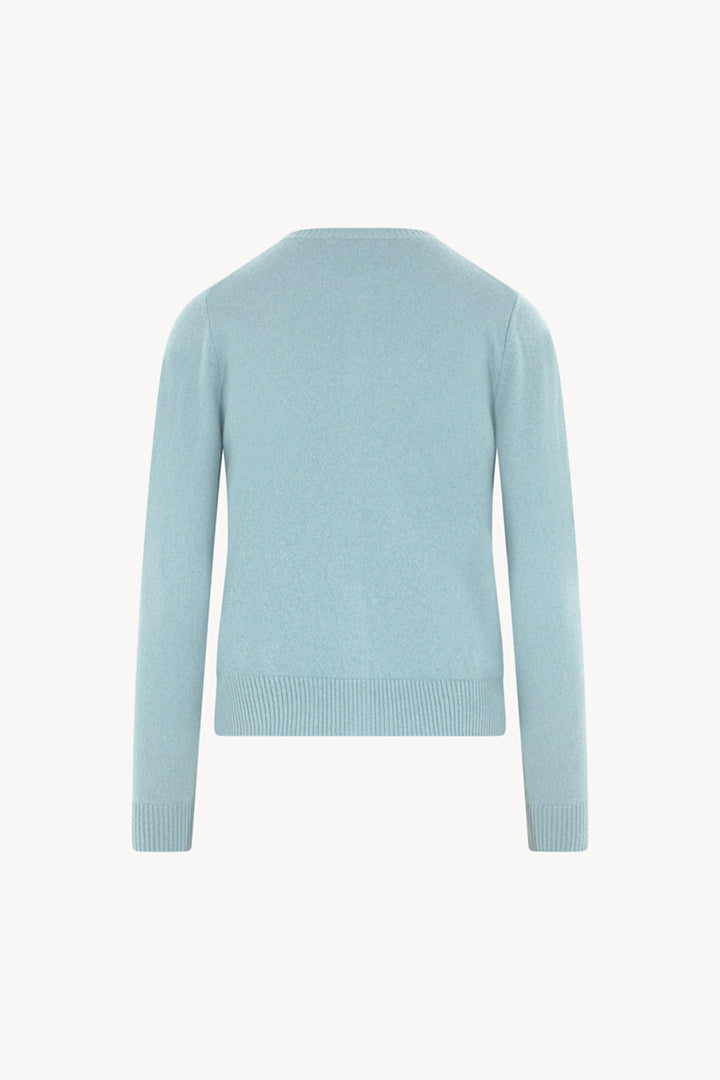 Cardigan Girocollo con gros-grain in Puro Cashmere Acquamarina