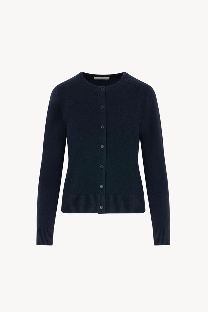 Cardigan Girocollo con gros-grain in Puro Cashmere Notte
