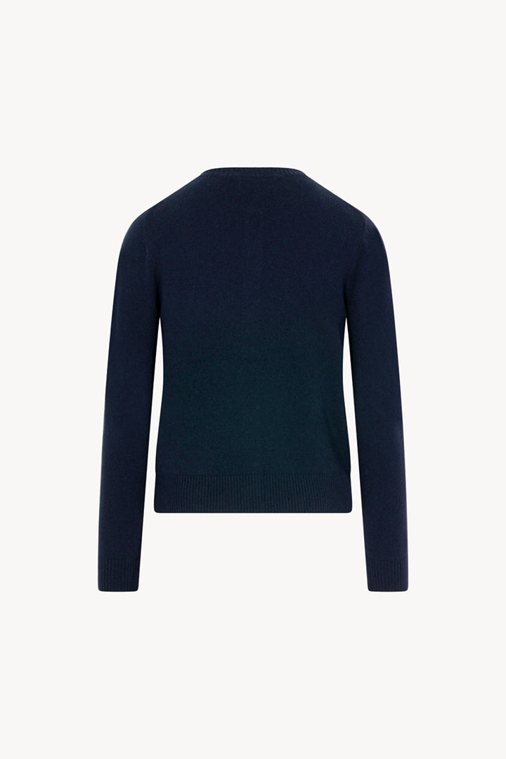 Cardigan Girocollo con gros-grain in Puro Cashmere Notte