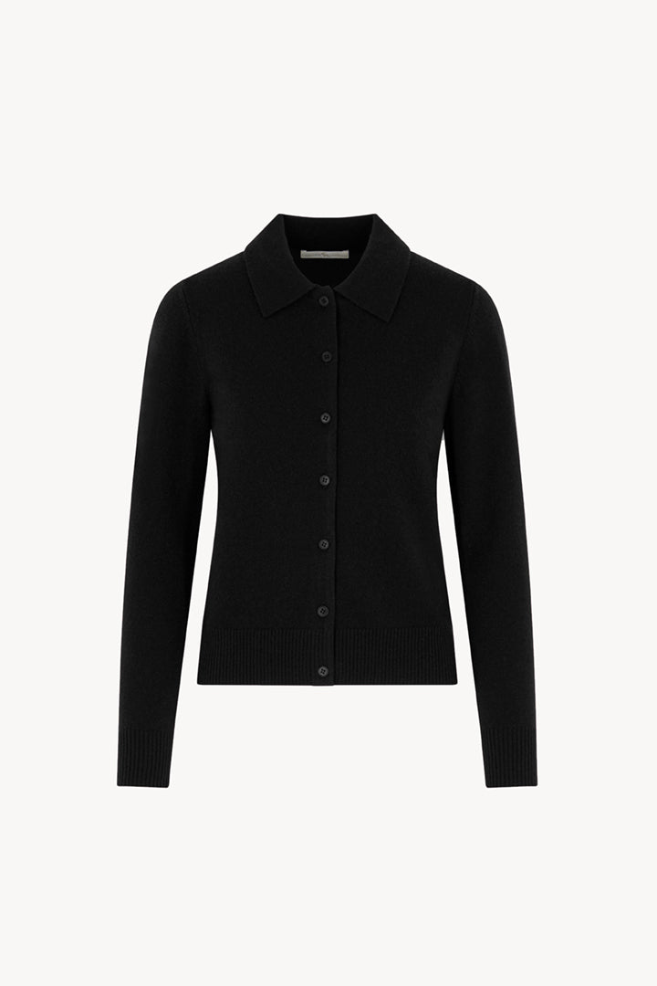 Black Pure Cashmere Shirt-collar Cardigan with Grosgrain Trim
