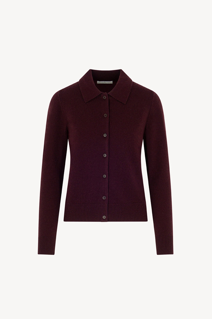 Maple Red Pure Cashmere Shirt-collar Cardigan with Grosgrain Trim