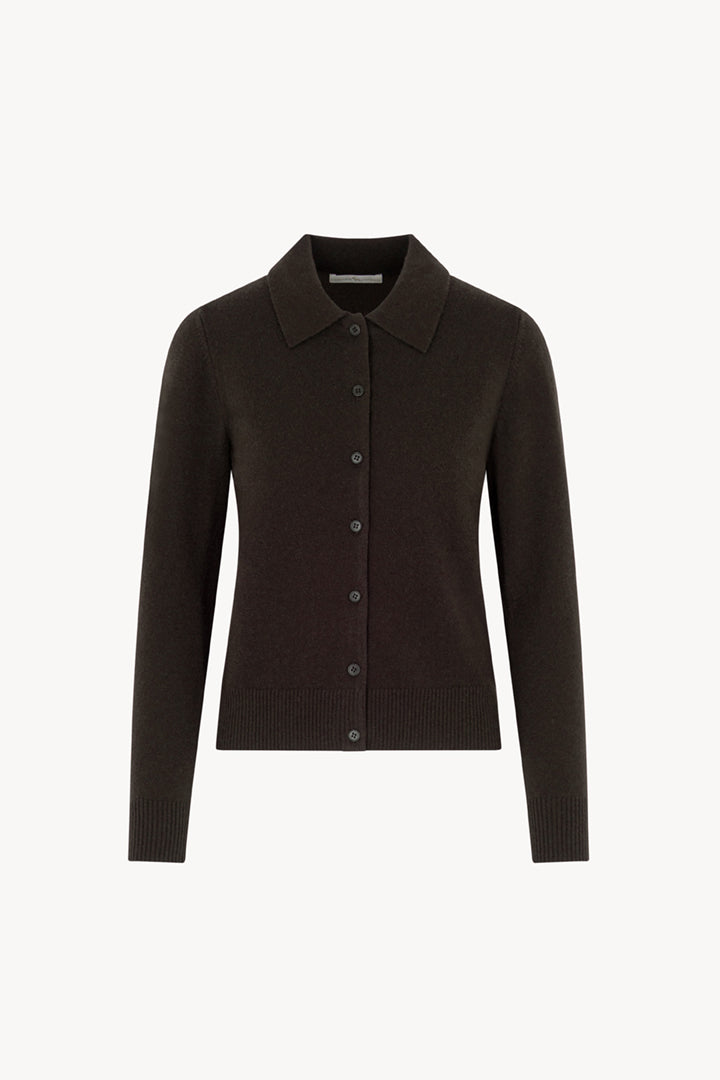 Mocha Pure Cashmere Shirt-collar Cardigan with Grosgrain Trim