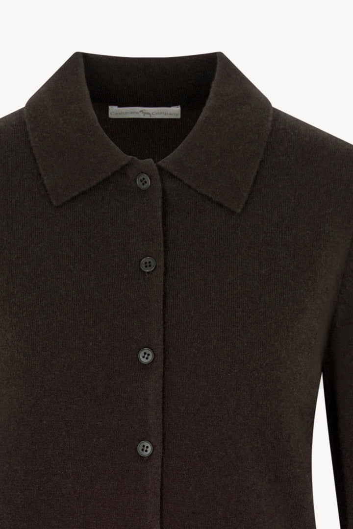 Mocha Pure Cashmere Shirt-collar Cardigan with Grosgrain Trim