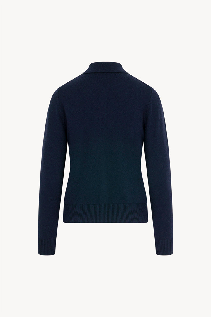 Midnight Blue Pure Cashmere Shirt-collar Cardigan with Grosgrain Trim
