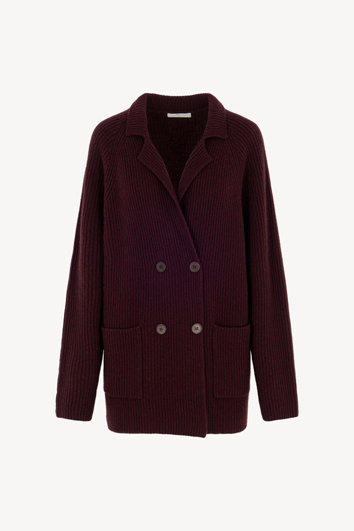 Maple Red Pure Cashmere Double-Breasted Cardigan in English Rib Knit