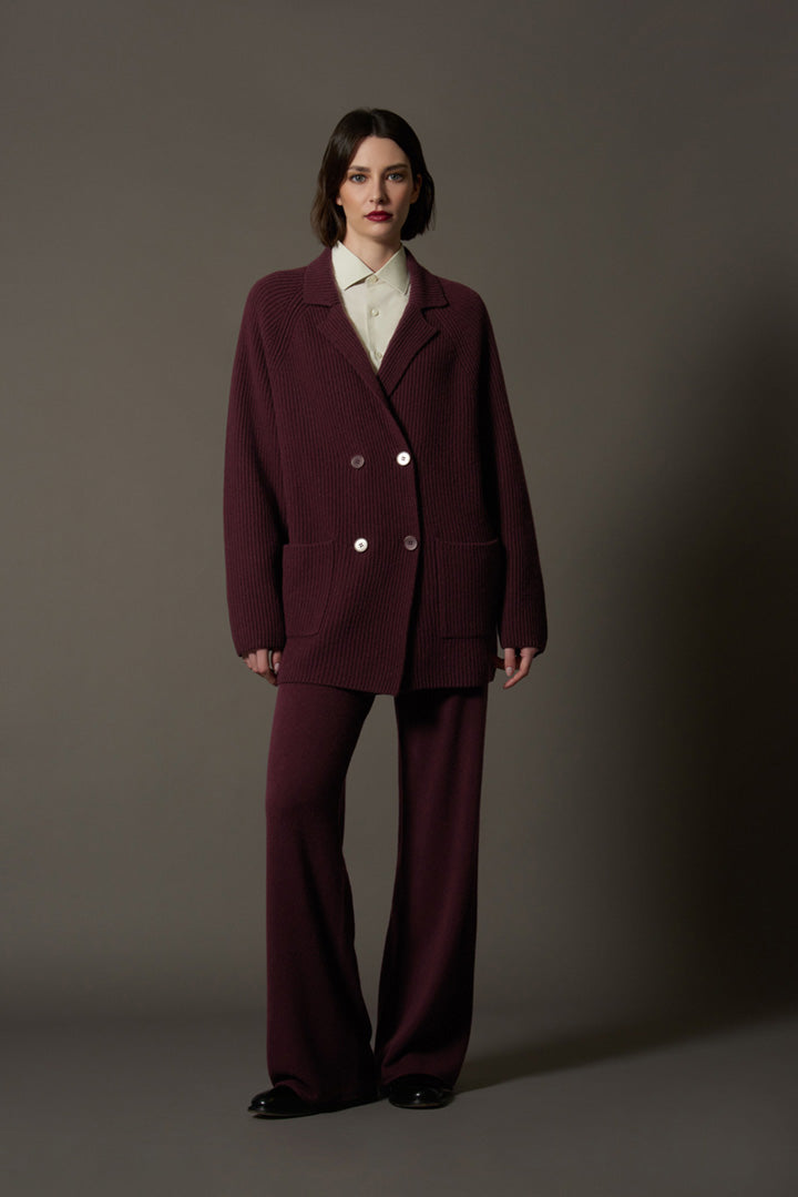 Maple Red Pure Cashmere Double-Breasted Cardigan in English Rib Knit