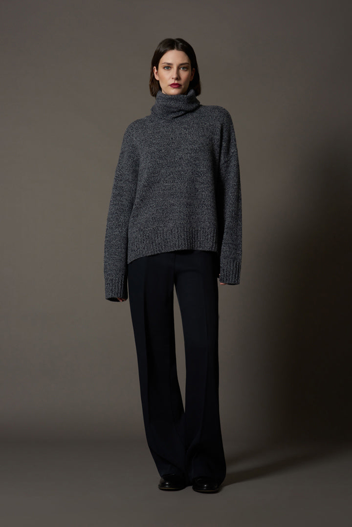 Maglia 8 fili con Collo ad Anello in Puro Cashmere Moulinè Notte