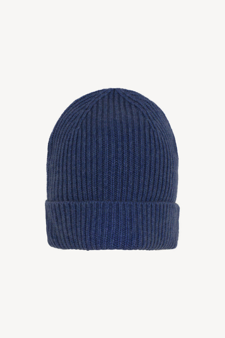 Berretto Unisex a Coste in Puro Cashmere Denim Scuro - Modello Corto