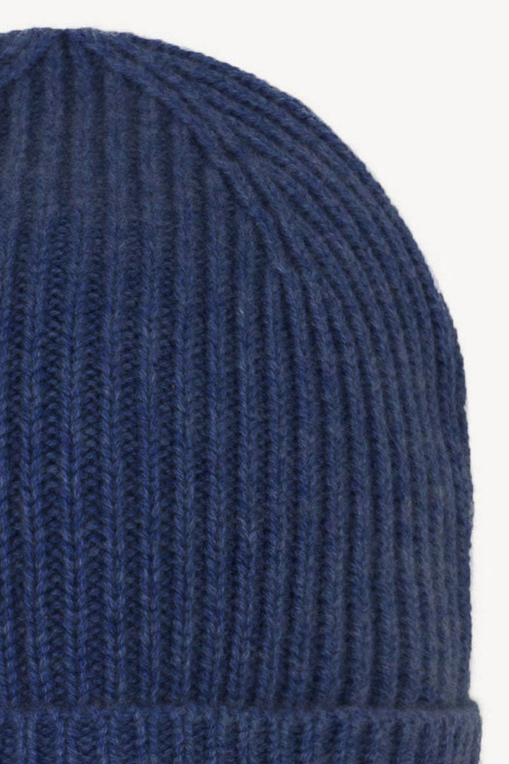 Berretto Unisex a Coste in Puro Cashmere Denim Scuro - Modello Corto