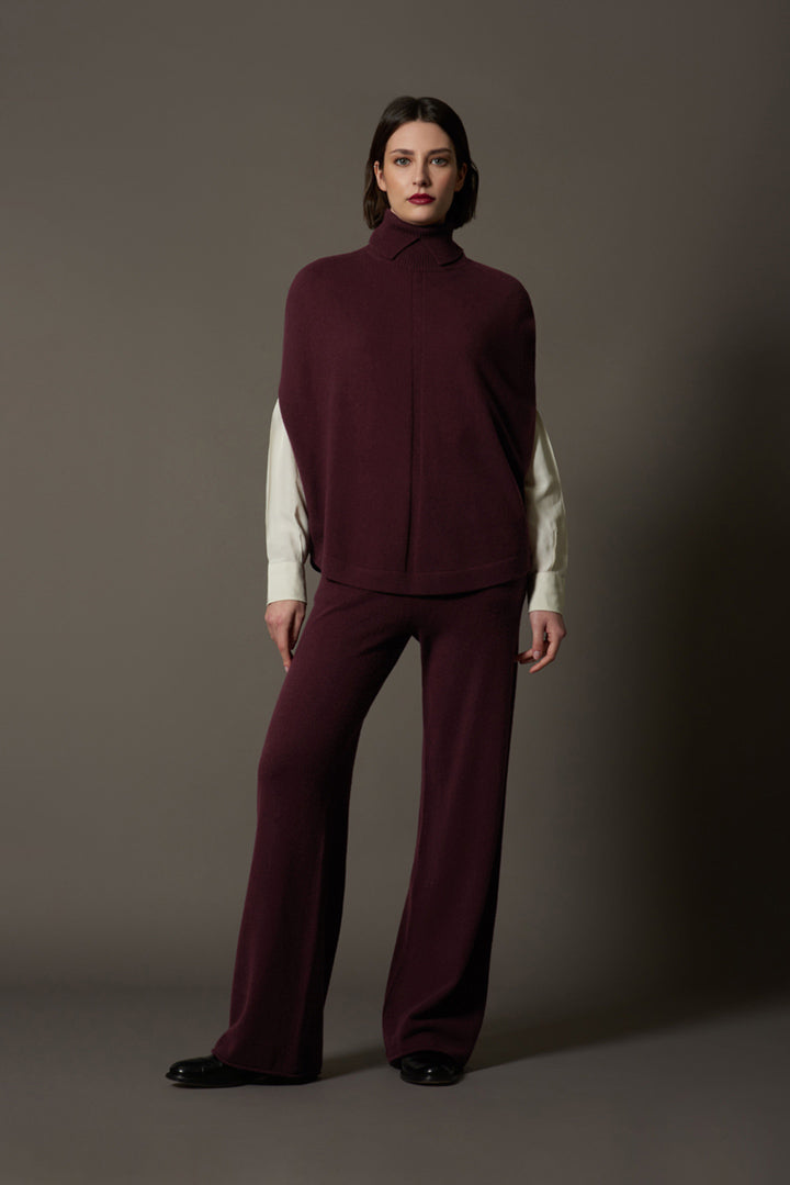 Maple Red Pure Cashmere Turtleneck Cape with Neck Slit