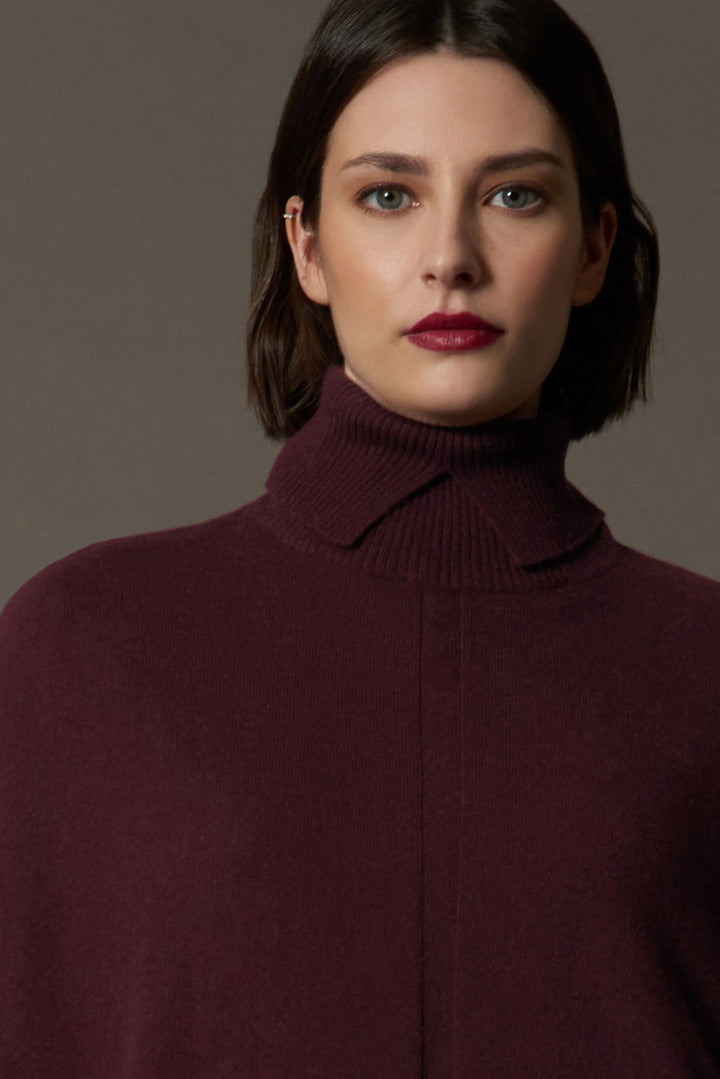 Maple Red Pure Cashmere Turtleneck Cape with Neck Slit