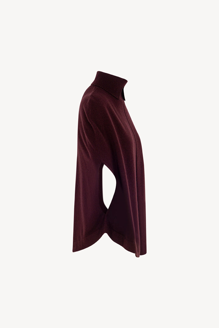 Maple Red Pure Cashmere Turtleneck Cape with Neck Slit