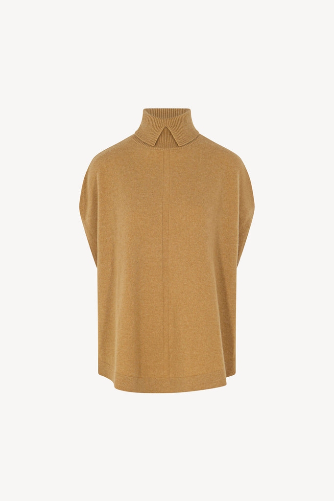 Cappa a Collo Alto con Spacchetto in Puro Cashmere Cammello