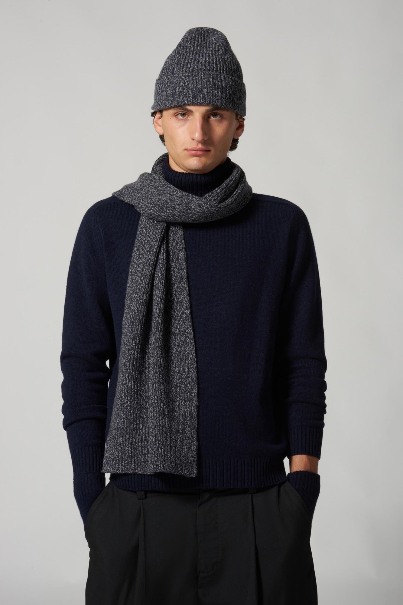 Sciarpa Unisex a Costa Inglese in Puro Cashmere Moulinè Notte
