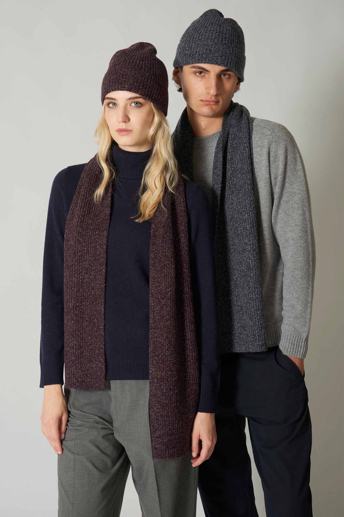 Sciarpa Unisex a Costa Inglese in Puro Cashmere Moulinè Acero