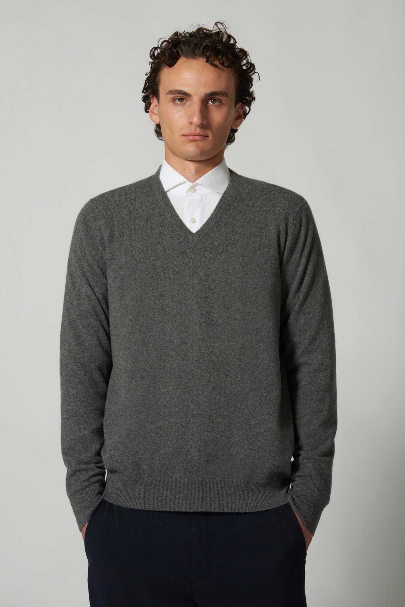 Dark Denim Pure Cashmere V-Neck Sweater