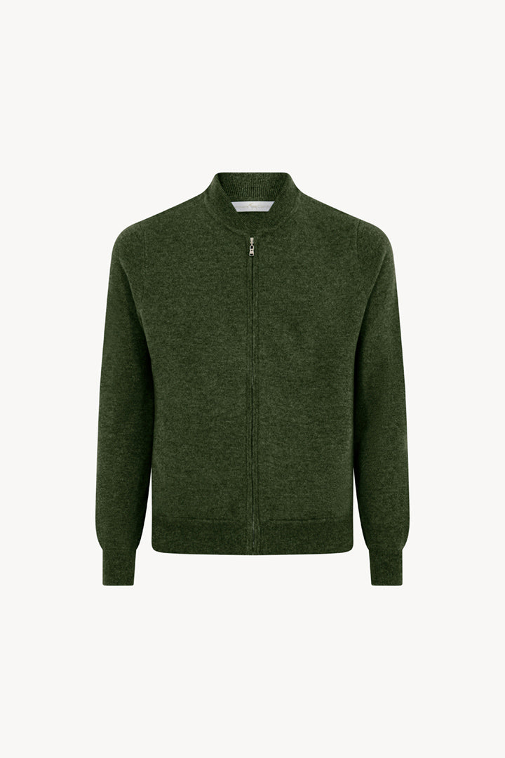 Loden Green Pure Cashmere Cardigan Bomber-Style with Full Zip
