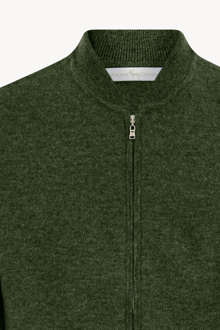 Loden Green Pure Cashmere Cardigan Bomber-Style with Full Zip