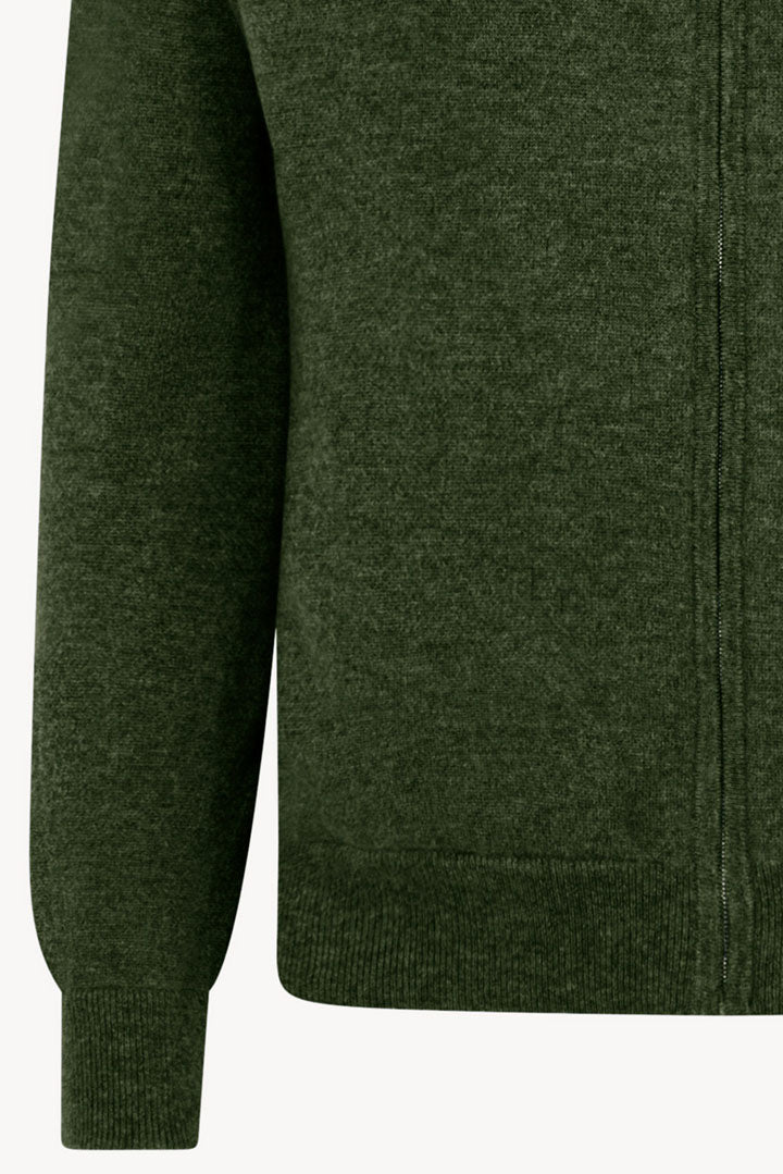 Loden Green Pure Cashmere Cardigan Bomber-Style with Full Zip