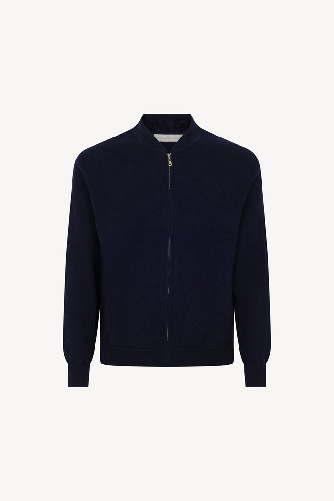 Bomber Cardigan with Zip in Pure Cashmere Navy