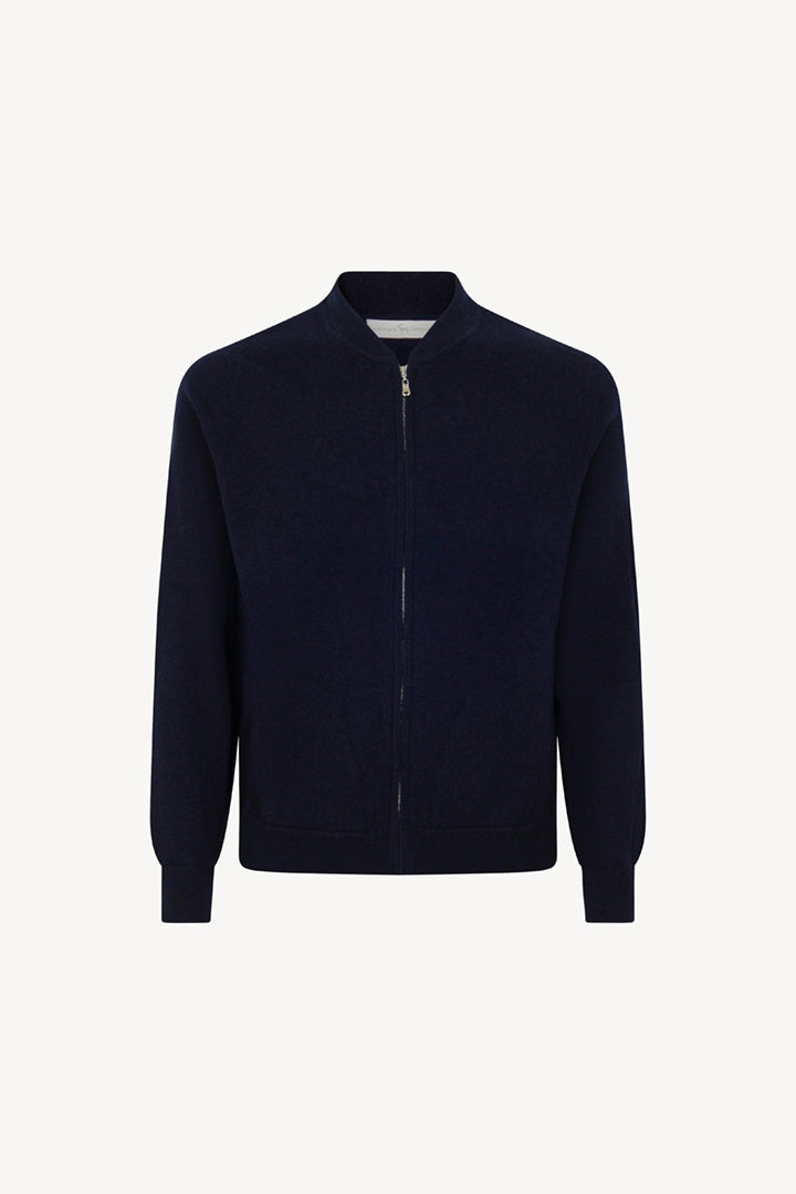Navy Pure Cashmere Cardigan Bomber-Style with Full Zip