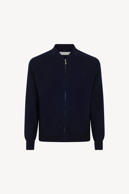 Cardigan a Bomber con Zip in Puro Cashmere Navy