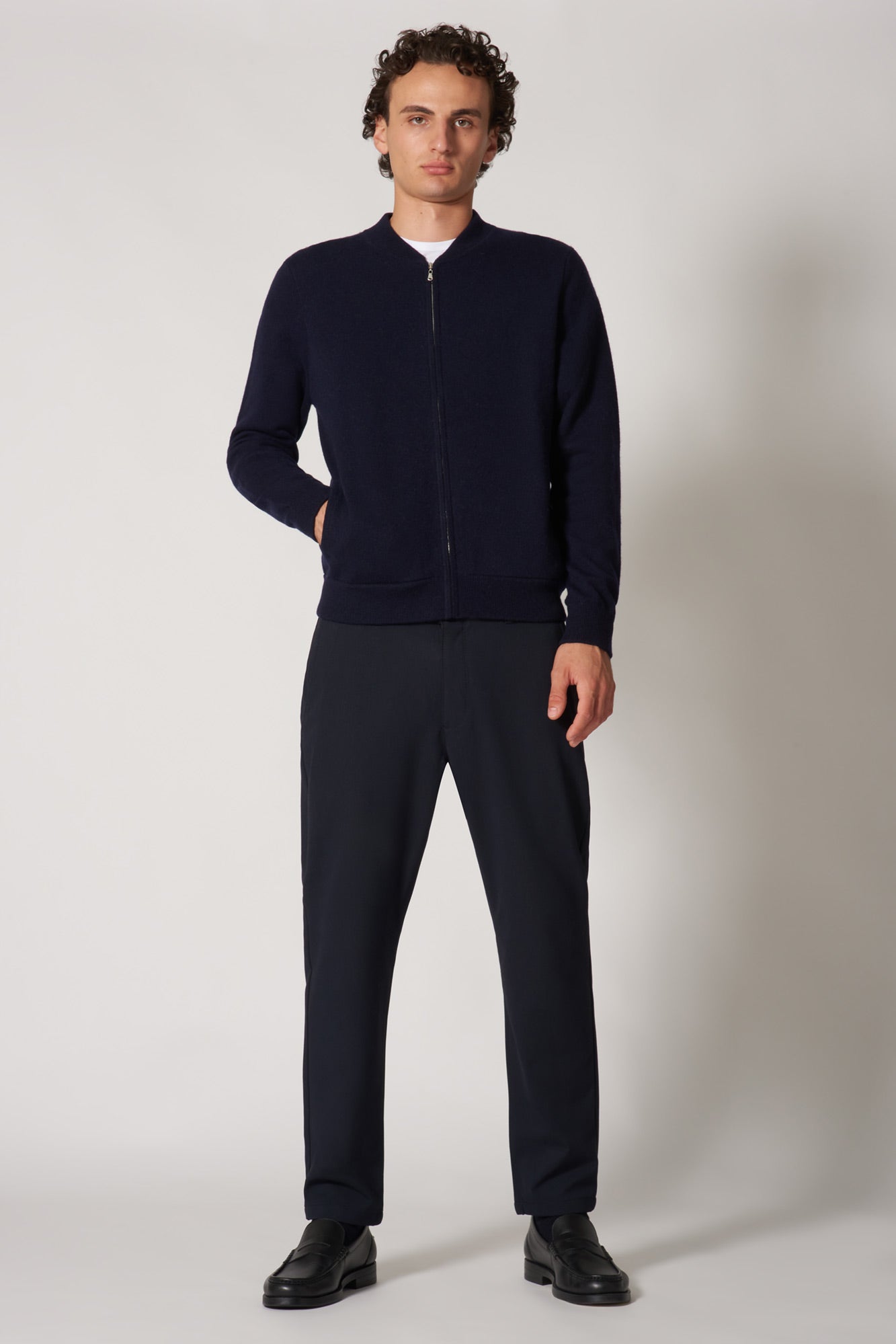 Bomber Cardigan with Zip in Pure Cashmere Navy
