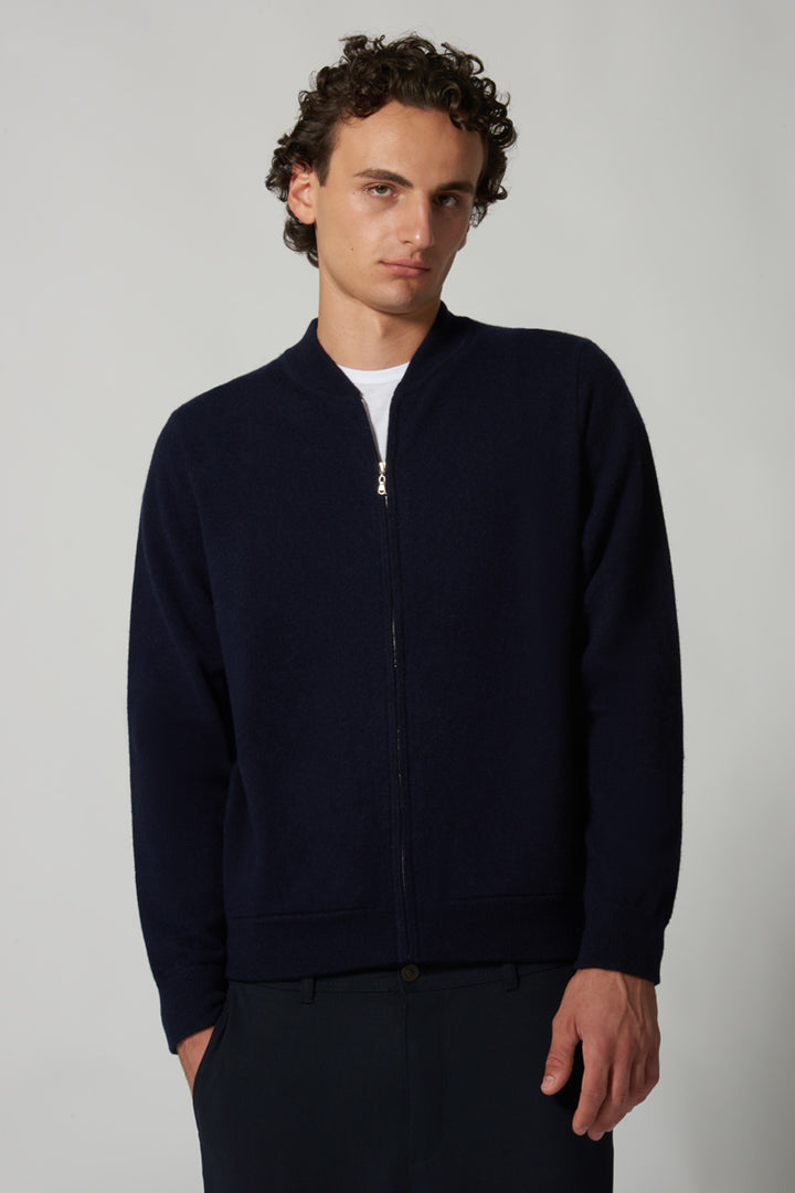 Navy Pure Cashmere Cardigan Bomber-Style with Full Zip