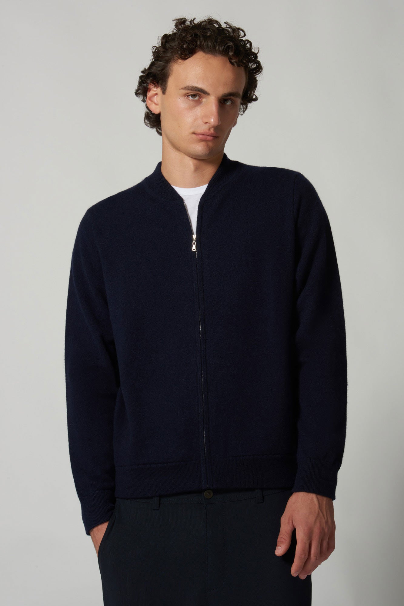 Bomber Cardigan with Zip in Pure Cashmere Navy