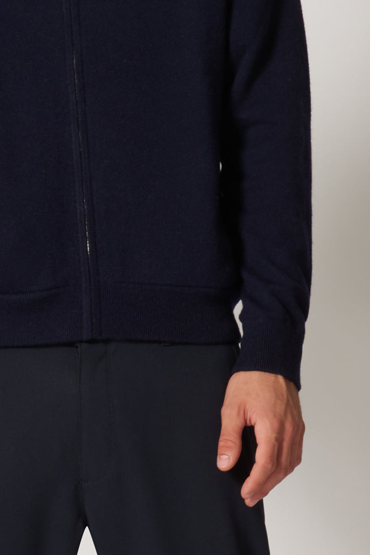 Navy Pure Cashmere Cardigan Bomber-Style with Full Zip