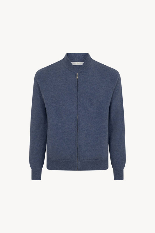 Cardigan a Bomber con Zip in Puro Cashmere Denim Scuro