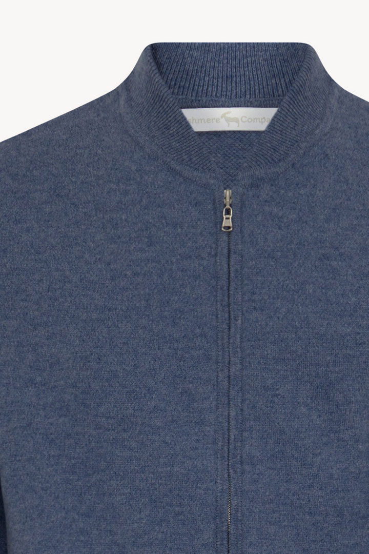 Dark Denim Pure Cashmere Cardigan Bomber-Style with Full Zip
