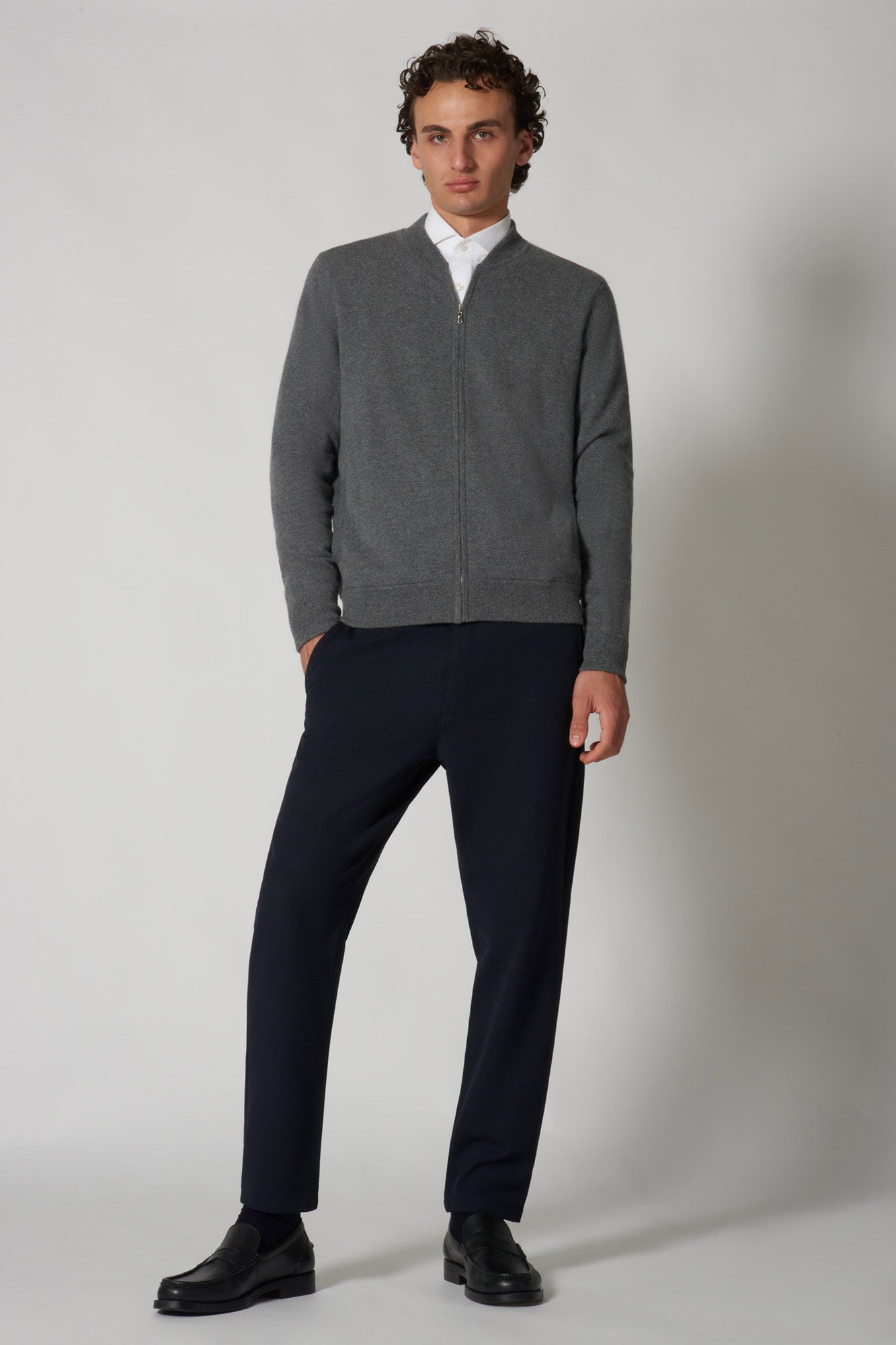 Cardigan a Bomber con Zip in Puro Cashmere Denim Scuro