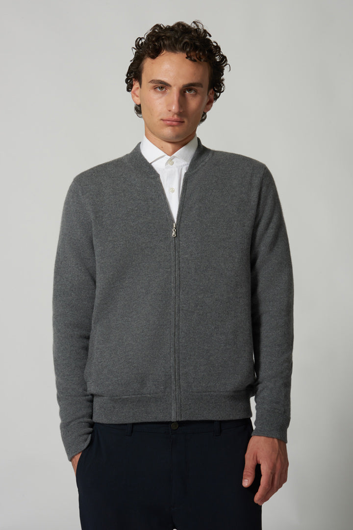 Dark Grey Pure Cashmere Cardigan Bomber-Style with Full Zip