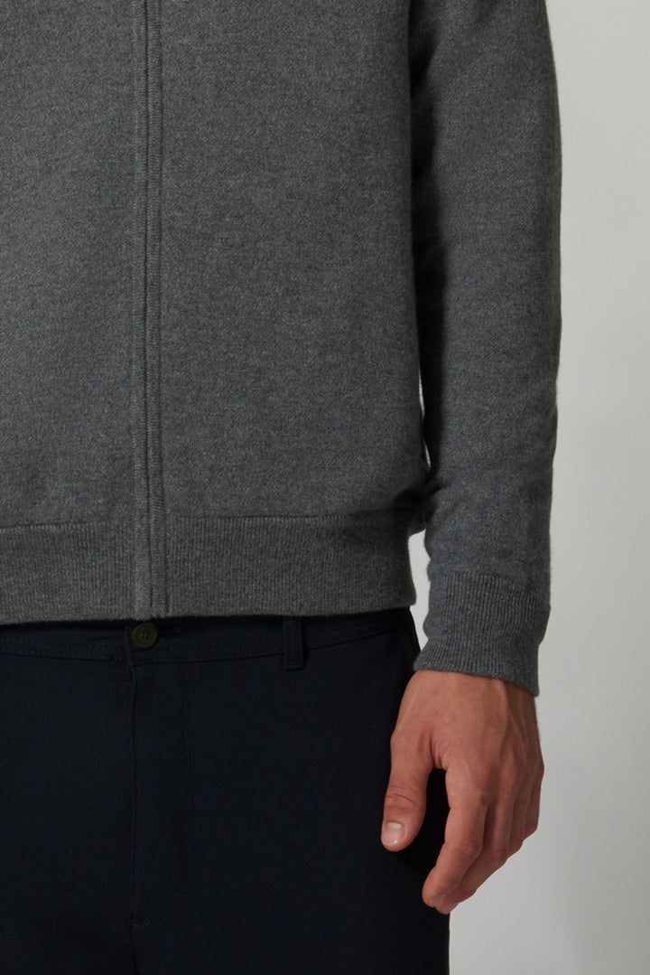 Dark Grey Pure Cashmere Cardigan Bomber-Style with Full Zip