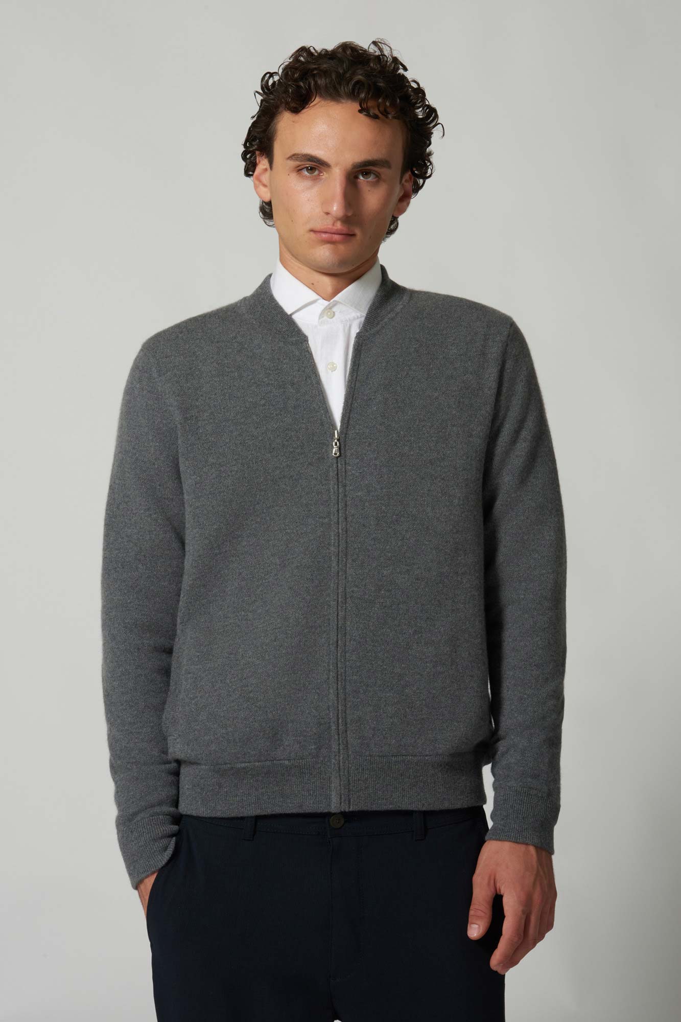 Bomber Cardigan with Zip in Pure Cashmere Dune