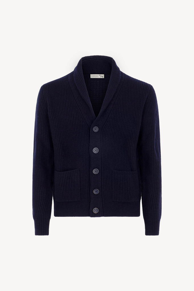 Cardigan Collo a Scialle a Costa Inglese in Puro Cashmere Navy