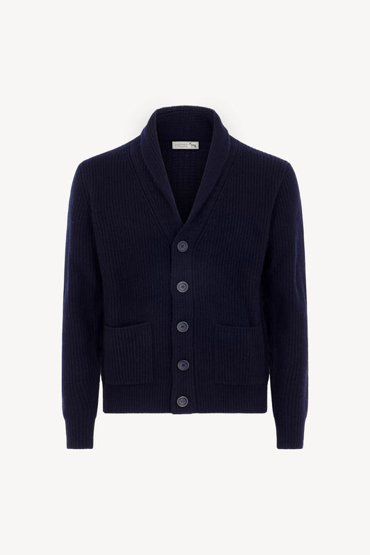 Cardigan Collo a Scialle a Costa Inglese in Puro Cashmere Navy