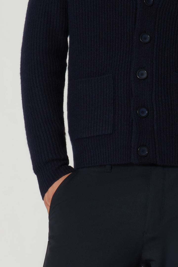 Navy Pure Cashmere Shawl Collar English Rib Cardigan