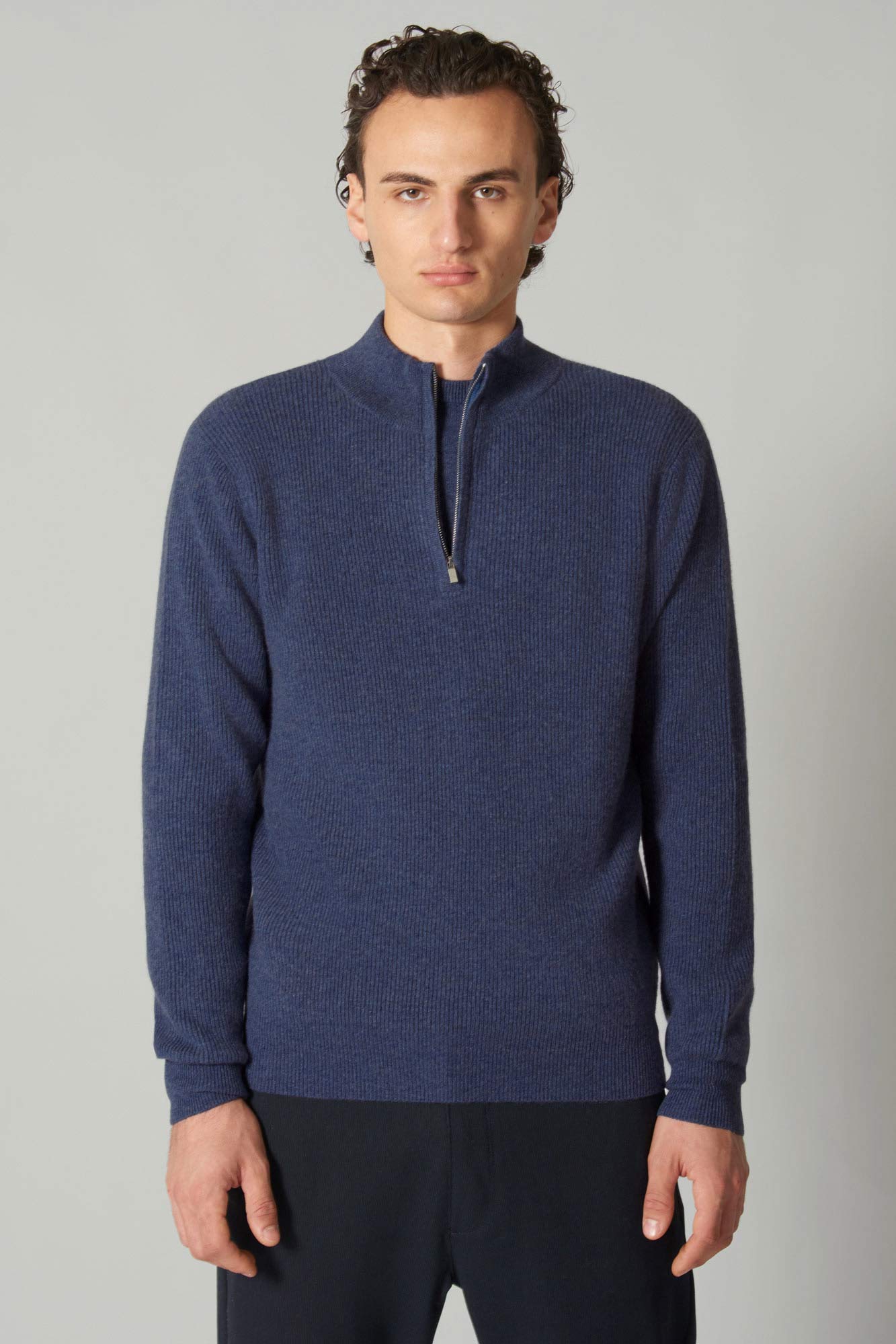 Lupetto Mezza Zip a Costa Inglese in Puro Cashmere Ink Blue