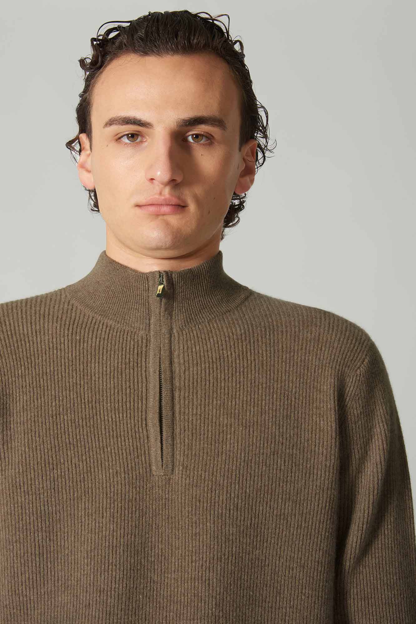 Lupetto Mezza Zip a Costa Inglese in Puro Cashmere Dune