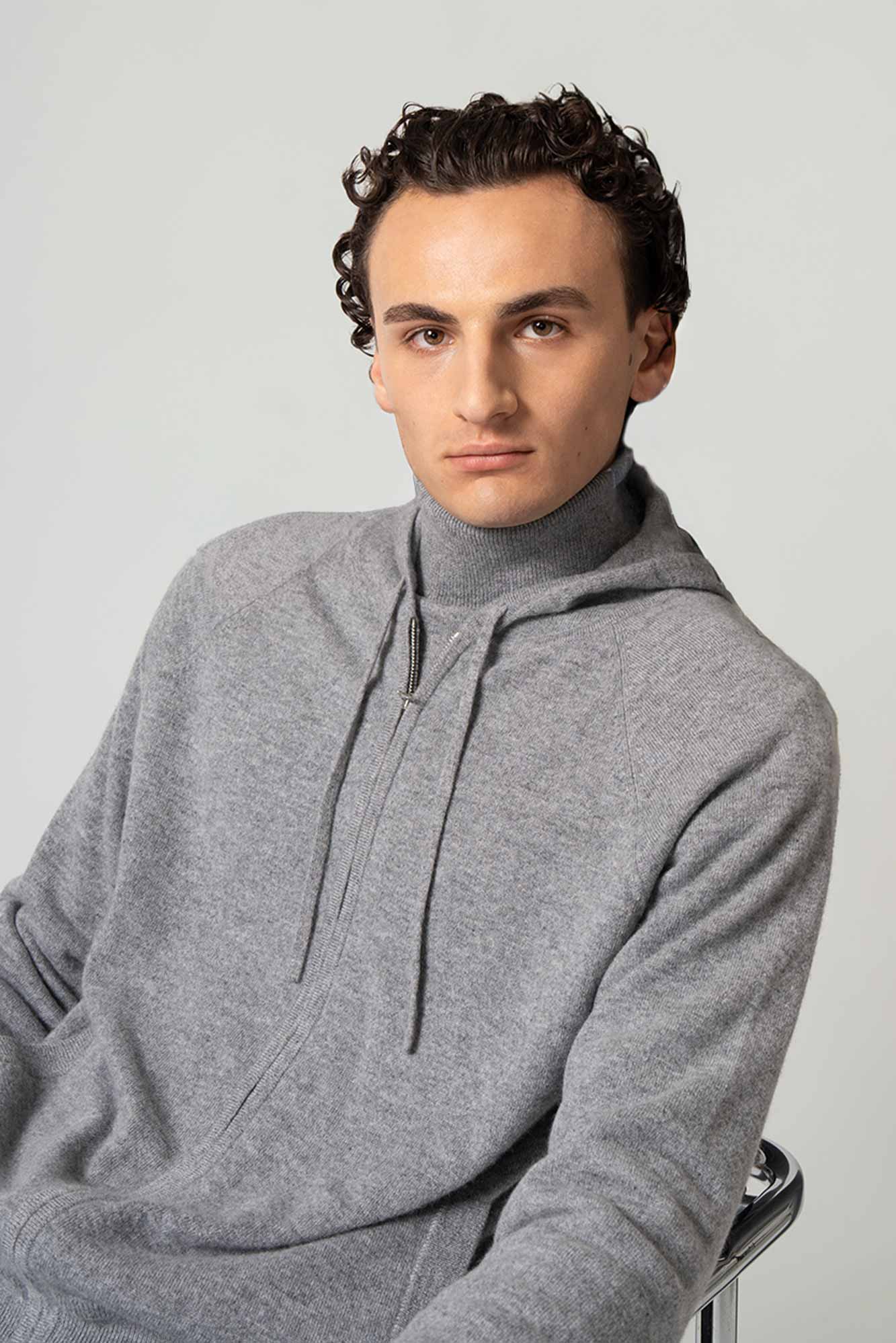 Felpa Uomo con Cappuccio in Puro Cashmere Silver